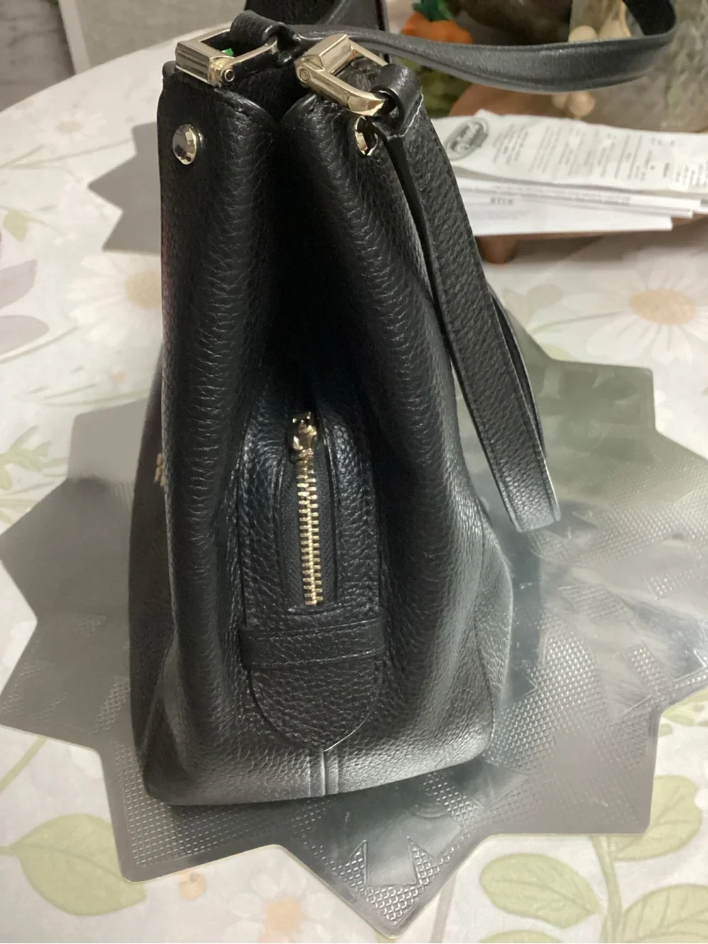 kate spade Black Pebbled Leather Shoulder Tote with Gold Accents